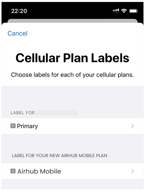 Enter "Airhub Mobile" to label your new cellular plan